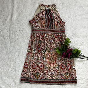 London Times Petit Women Mini Dress Size 4P Multicolor Print‎ Strech Keyhole